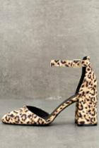 Qupid | Ellarose Camel Leopard Suede Ankle Strap Heels | Size 5.5 | Beige | Vegan Friendly | Lulus