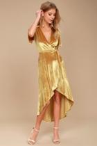 Lulus Amour Golden Yellow Velvet High-low Wrap Dress