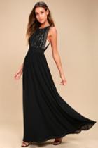 Lulus | Forever And Always Black Lace Maxi Dress | Size Large | 100% Polyester