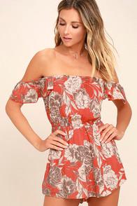 Amuse Society Kiss & Tell Coral Red Floral Print Romper