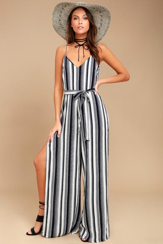 Lulus | To The Beach And Back Blue And White Striped Jumpsuit | Size Large | 100% Polyester