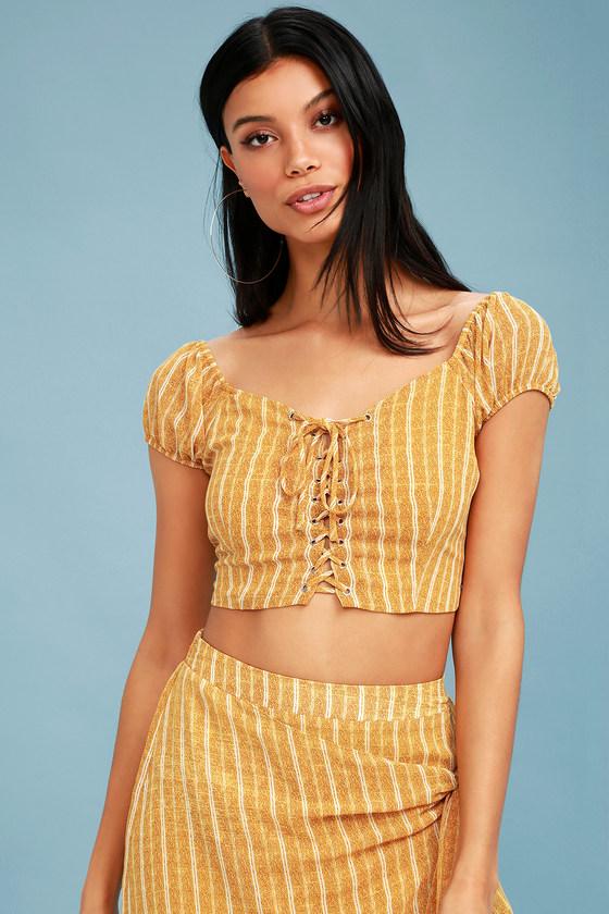 Wish Me Luck Mustard Yellow Striped Off-the-shoulder Crop Top | Lulus
