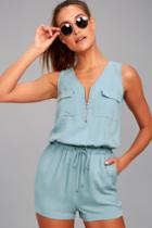 Olive + Oak | Set Free Slate Blue Romper | Size Large | 100% Rayon | Lulus