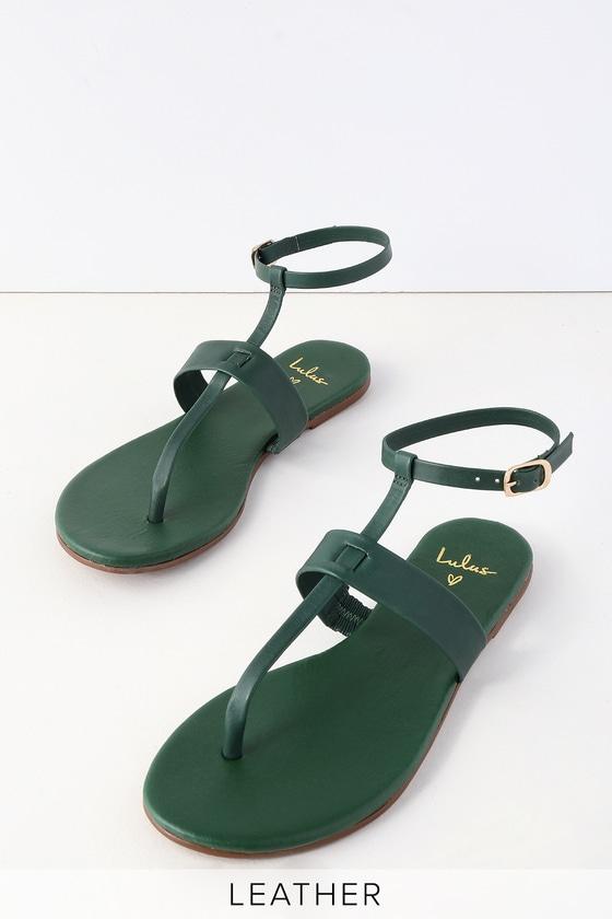 Colleen Forest Green Leather Flat Sandal Heels | Lulus