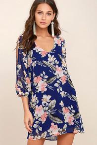 Lulus Shifting Dears Royal Blue Floral Print Long Sleeve Dress