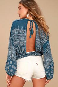 Free People Weekend Warrior Denim Blue Print Crop Top
