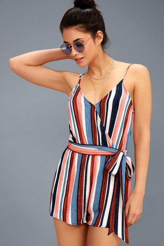 Angelene Blue And Orange Striped Sleeveless Romper | Lulus
