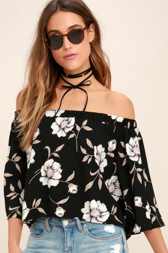 Light Of Dawn Black Floral Print Off-the-shoulder Top | Lulus