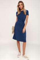 Brunch Squad Blue Short Sleeve Knotted Midi Dress | Lulus