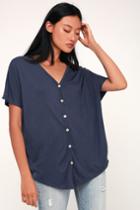 Meg Washed Navy Blue Ribbed Button-up Oversized Top | Lulus