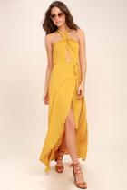 Lulus Marisha Golden Yellow Halter Wrap Dress