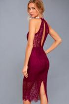 Lulus | Kiss Me At Midnight Magenta Lace Halter Bodycon Midi Dress | Size Large | Purple | 100% Polyester