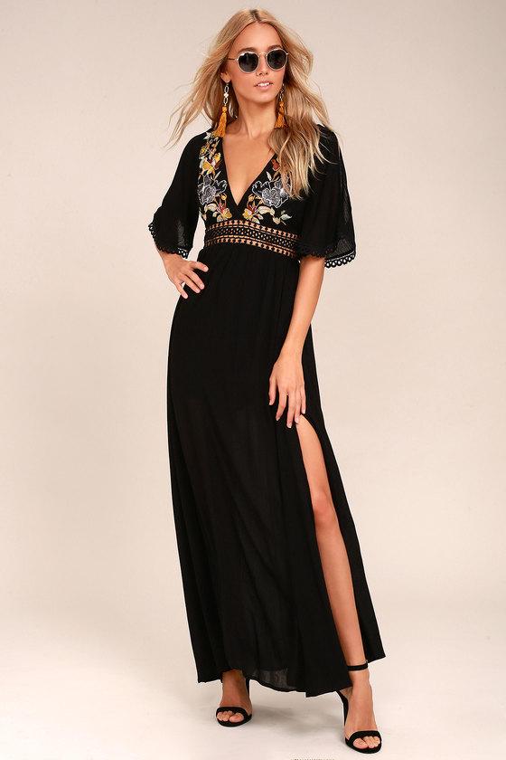 Lulus | Puerto Vallarta Black Embroidered Maxi Dress | Size Small | 100% Polyester