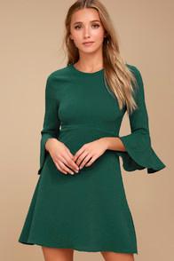 Lulus Center Of Attention Forest Green Flounce Sleeve Dress