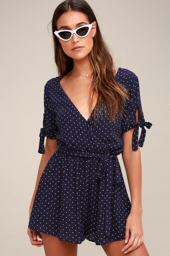 Cute Stuff White And Navy Blue Polka Dot Tie-sleeve Romper | Lulus