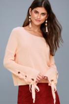 Lulus | Flirt And Finesse Peach Lace-up Sleeve Sweater | Size Large | Pink