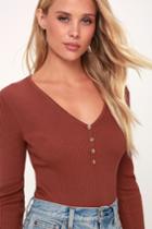 Will You Be Mine? Marsala Ribbed Long Sleeve Henley Top | Lulus