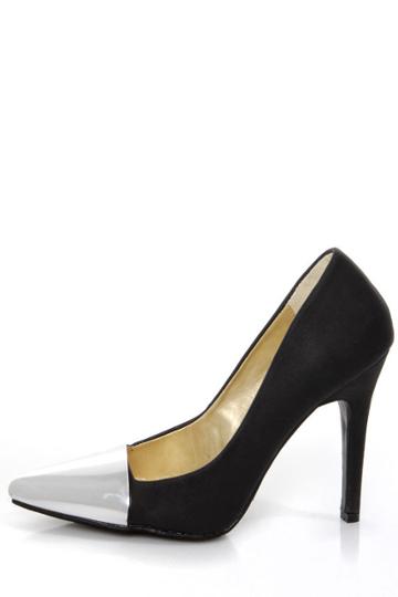 Shoe Republic La Latin Black And Silver Cap-toe Pointed Pumps