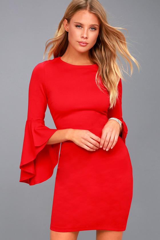 Lulus | Gimme Some Flair Red Flounce Sleeve Bodycon Dress | Size Large | 100% Polyester