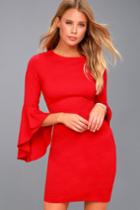 Lulus | Gimme Some Flair Red Flounce Sleeve Bodycon Dress | Size Large | 100% Polyester