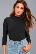 Project Social T Lena Washed Black Ribbed Mock Neck Long Sleeve Top
