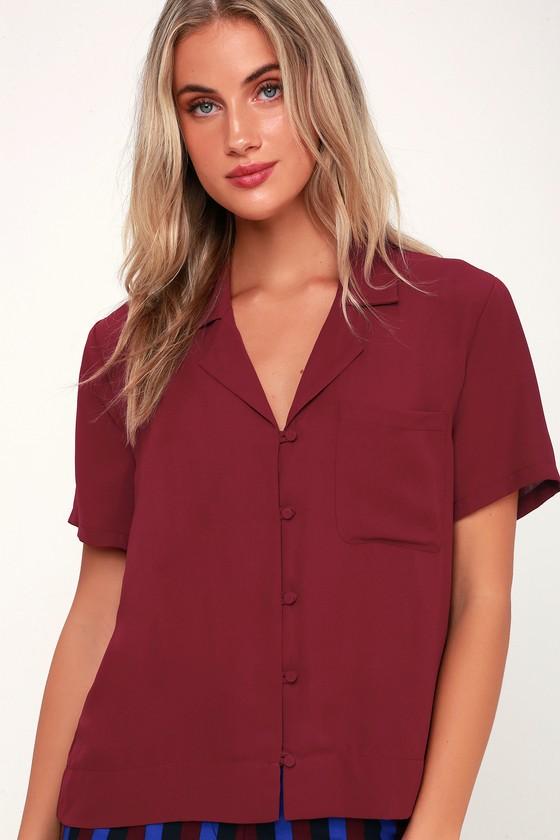 Good Luck Charm Burgundy Short Sleeve Button-up Top | Lulus