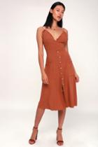 Lisbeth Rust Orange Button Front Midi Dress | Lulus