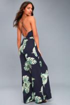 Give Me A Tropical Navy Blue Tropical Print Backless Jumpsuit | Lulus