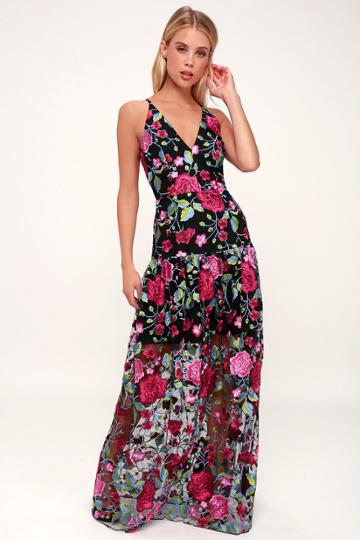 Dress The Population Leticia Black Multi Floral Embroidered Maxi Dress | Lulus