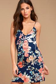 Lulus World Of Dreams Navy Blue Floral Print Shift Dress
