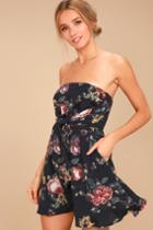 Lulus | Everyday Occasion Midnight Blue Floral Print Strapless Dress | Size Large | 100% Polyester