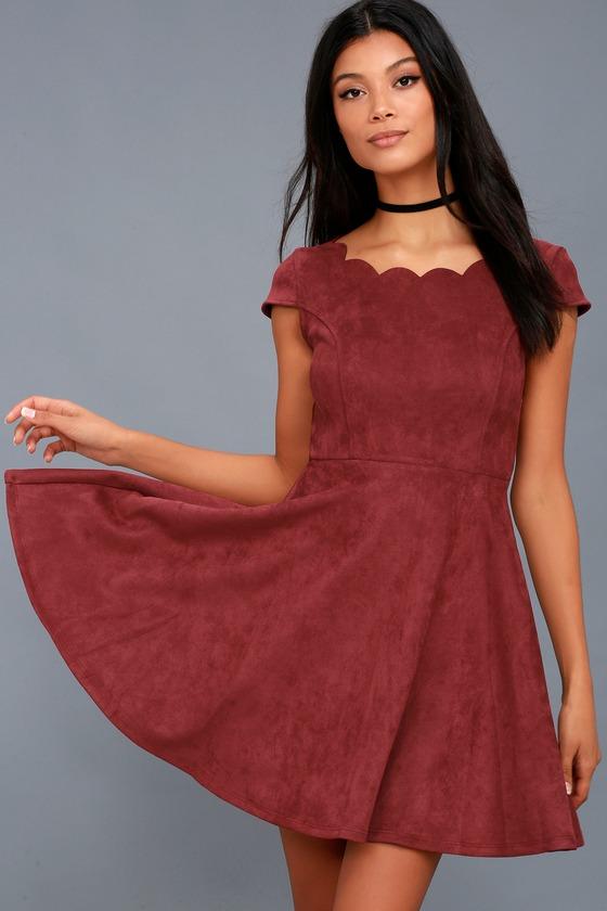Lulus | Dearest Dreams Wine Red Suede Skater Dress | Size Large | Vegan Friendly