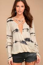 Lulus | California Current Beige Tie-dye Long Sleeve Top | Size Small | 100% Rayon