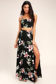 Lulus Barefoot At The Beach Black Floral Print Two-piece Maxi Dress