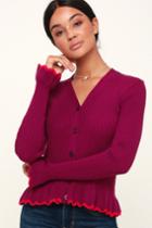 Gabriella Magenta Button-up Ruffled Sweater | Lulus