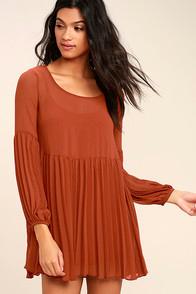 Lulus Aim To Pleats Rust Red Long Sleeve Dress