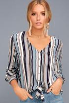 Lulus Always Faithful Blue Striped Long Sleeve Knotted Top