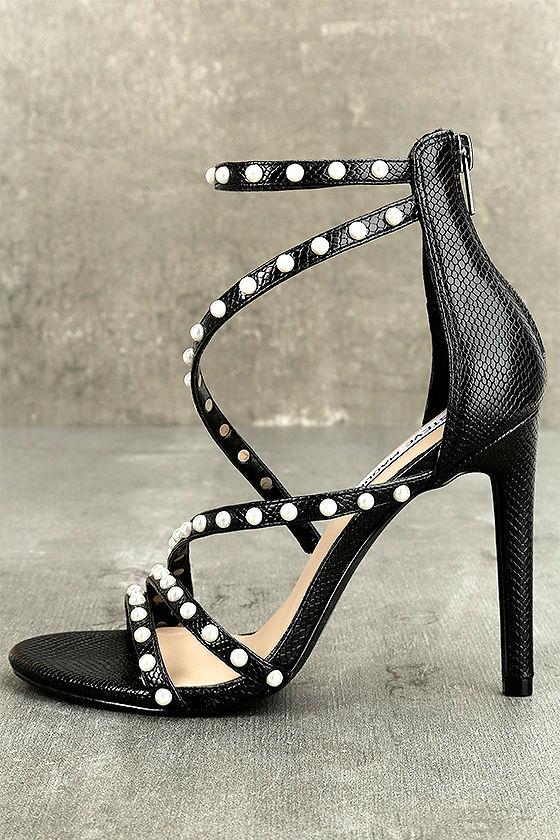Steve Madden | Meg Black Snake Pearl Ankle Strap Heels | Size 5.5 | Vegan Friendly | Lulus
