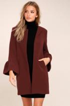 Lulus | Flare Affair Burgundy Flounce Sleeve Coat | Size Large | Purple | 100% Polyester