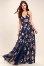 Lulus | Always There For Me Navy Blue Floral Print Wrap Maxi Dress | Size Large | 100% Polyester