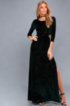 Lulus | Perfect Night Forest Green Velvet Print Maxi Dress | Size Medium | 100% Polyester