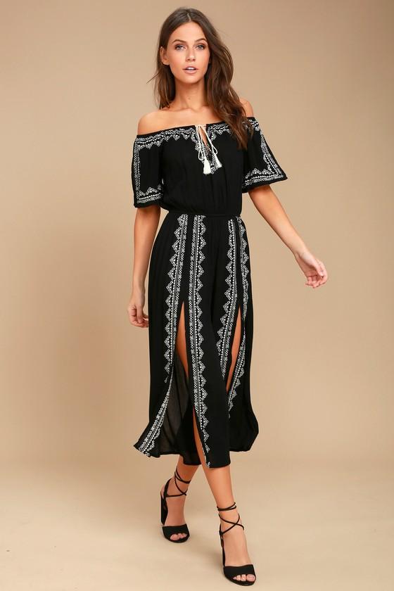 Lulus | Ready, Set, Vacation Black Embroidered Off-the-shoulder Jumpsuit | Size X-large | 100% Rayon