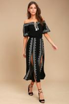 Lulus | Ready, Set, Vacation Black Embroidered Off-the-shoulder Jumpsuit | Size X-large | 100% Rayon