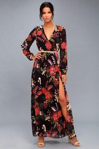 Lulus Wondrous Water Lilies Orange And Black Floral Print Maxi Dress