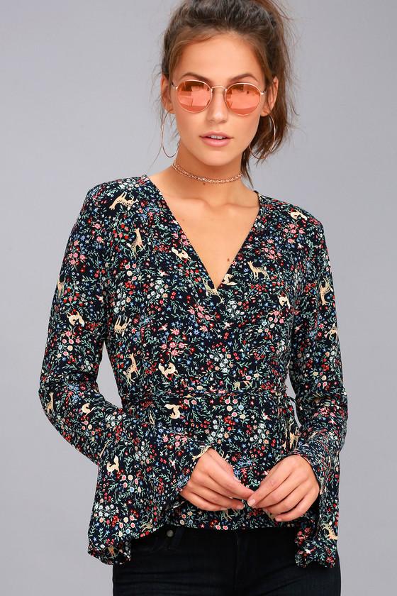Lulus | Friendly Forest Navy Blue Print Long Sleeve Wrap Top | Size Large