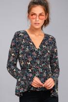 Lulus | Friendly Forest Navy Blue Print Long Sleeve Wrap Top | Size Large