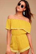 Lulus Oaxaca Mustard Yellow Embroidered Off-the-shoulder Romper