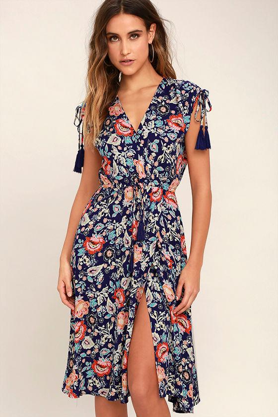 Lulus | Beach Ya To It Royal Blue Floral Print Midi Dress | Size Small | 100% Rayon