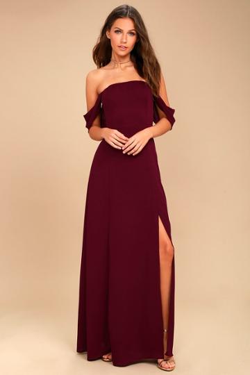 J.o.a. | Veronique Burgundy Off-the-shoulder Maxi Dress | Size Medium | Red | 100% Polyester | Lulus