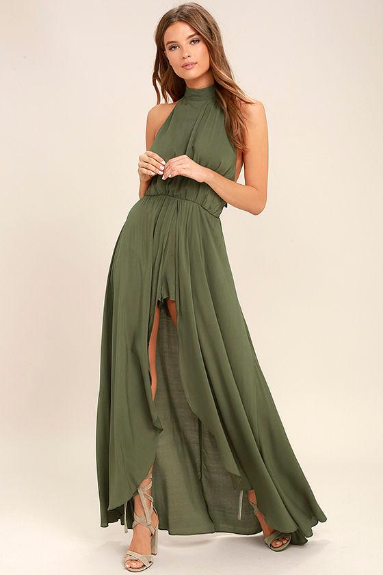 Lulus | Secret Hideaway Olive Green Halter Romper | Size X-small | 100% Rayon